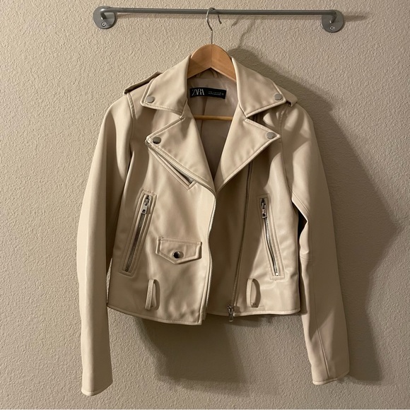 Zara Beige Faux Leather Biker Moto Jacket Sz:XS - Picture 2 of 7